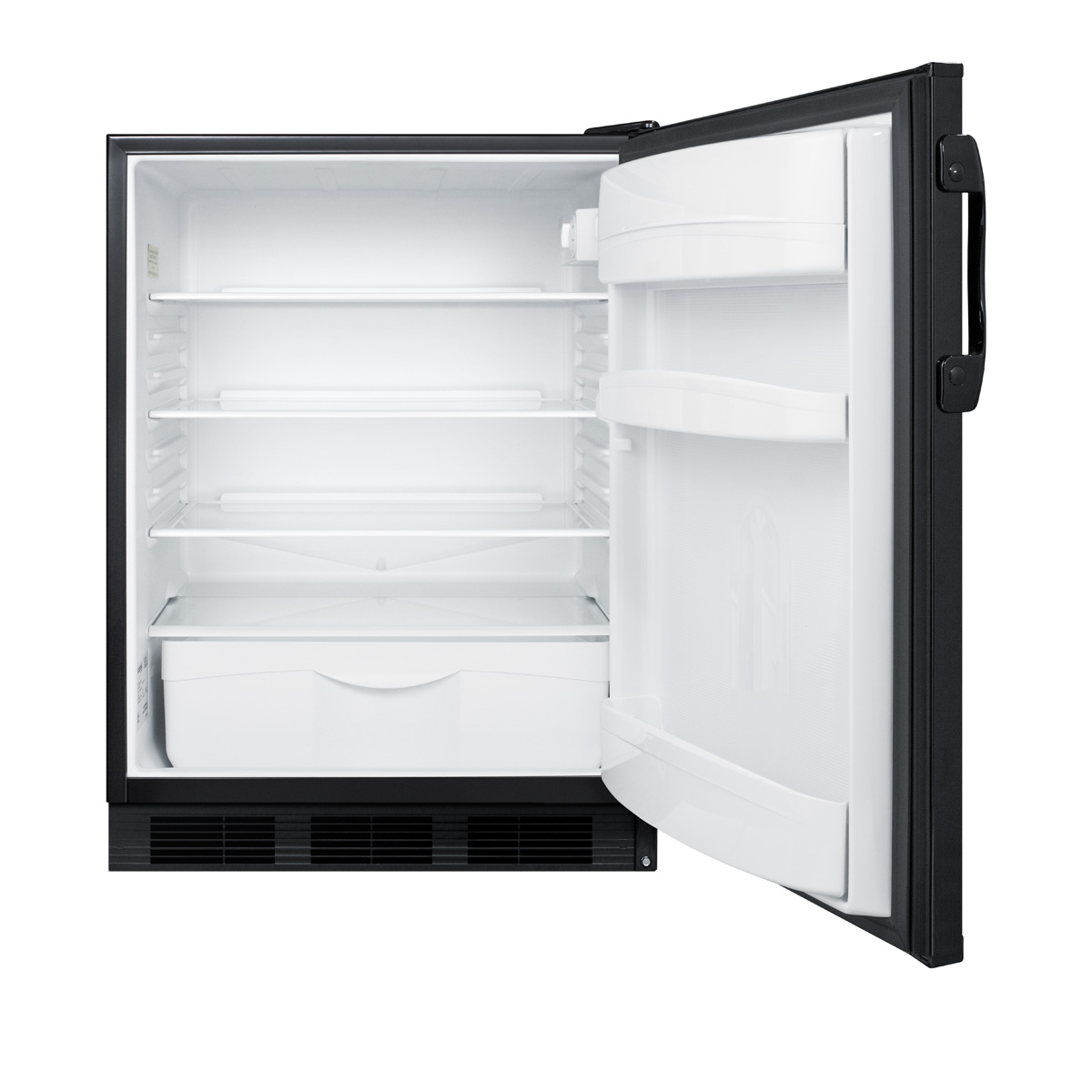 Commercially listed freestanding all-refrigerator for general purpose use, with automatic defrost operation and black exterior